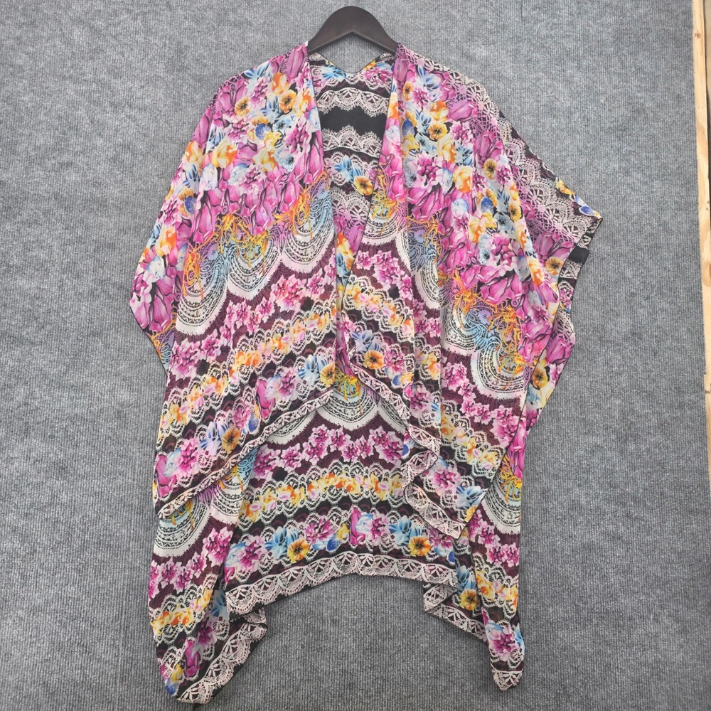 Multicolor Floral Lace Print Open Front Kimono Wrap Beach Cover Up OS